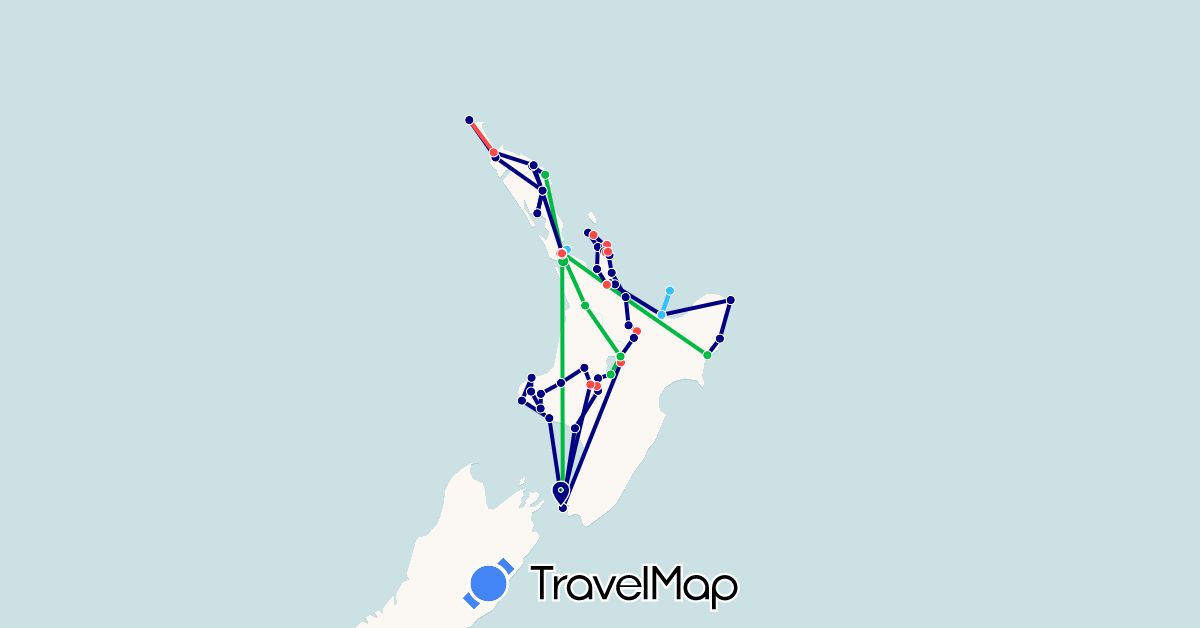 TravelMap itinerary: driving, bus, plane, hiking, boat in New Zealand (Oceania)